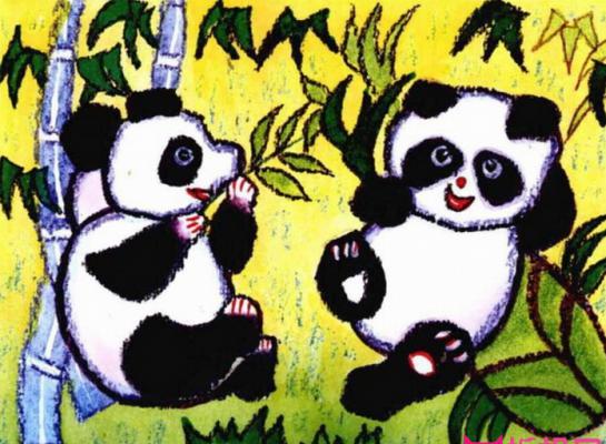 大熊猫水彩画图片，吃竹子的大熊猫