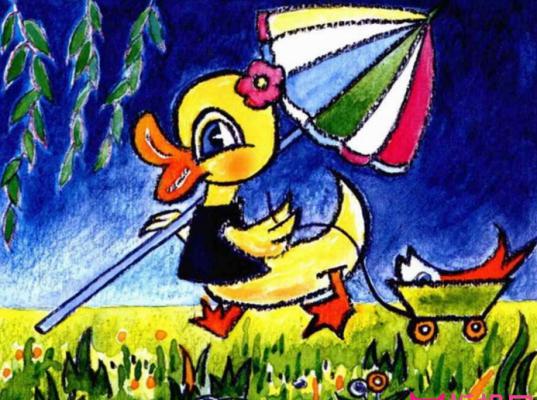 美丽的小鸭子水彩画，撑伞的小鸭子