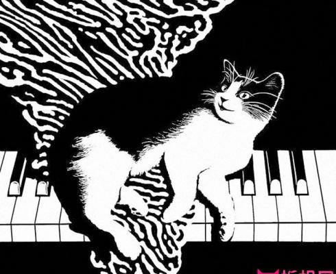 黑白版画，猫咪和钢琴