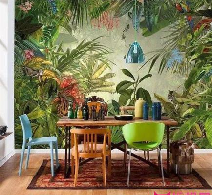 室内手绘植物墙，仿真植物壁画