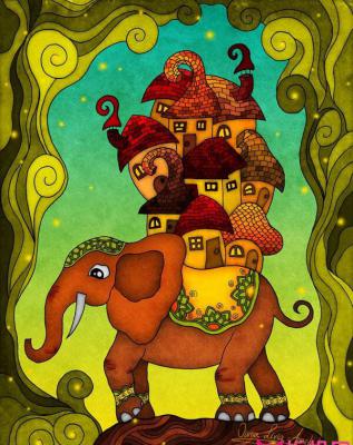 儿童插画教程，背着房屋的大象