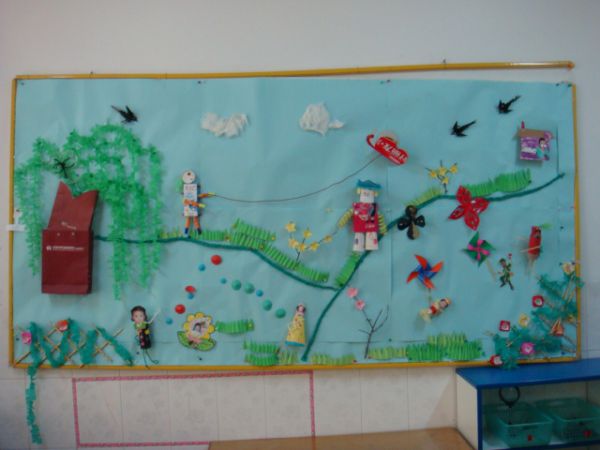 幼儿园立体主题墙布置：春天的风筝和风车